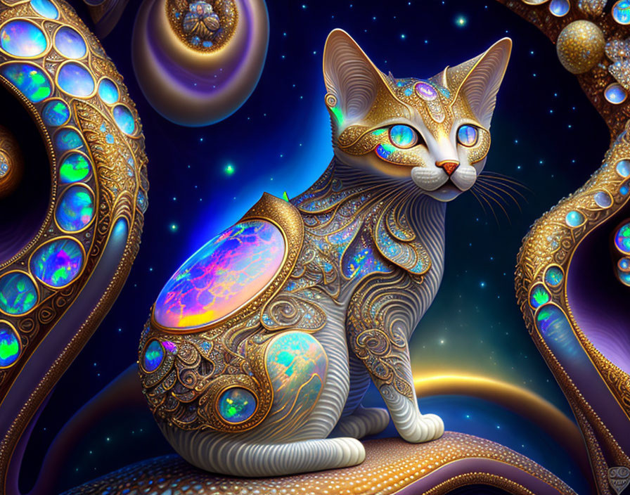 Fantastical cat with opalescent patterns in cosmic setting