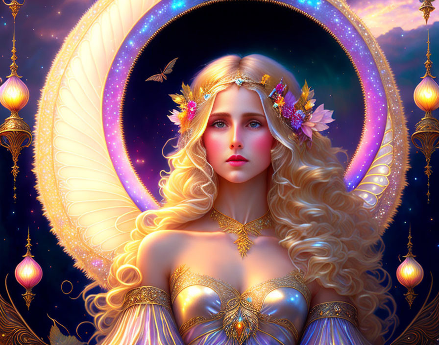 Fantastical illustration of woman with blonde hair and butterflies in luminous background