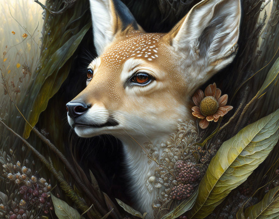 Detailed Fawn Head Illustration with Floral Patterns in Woodland Setting