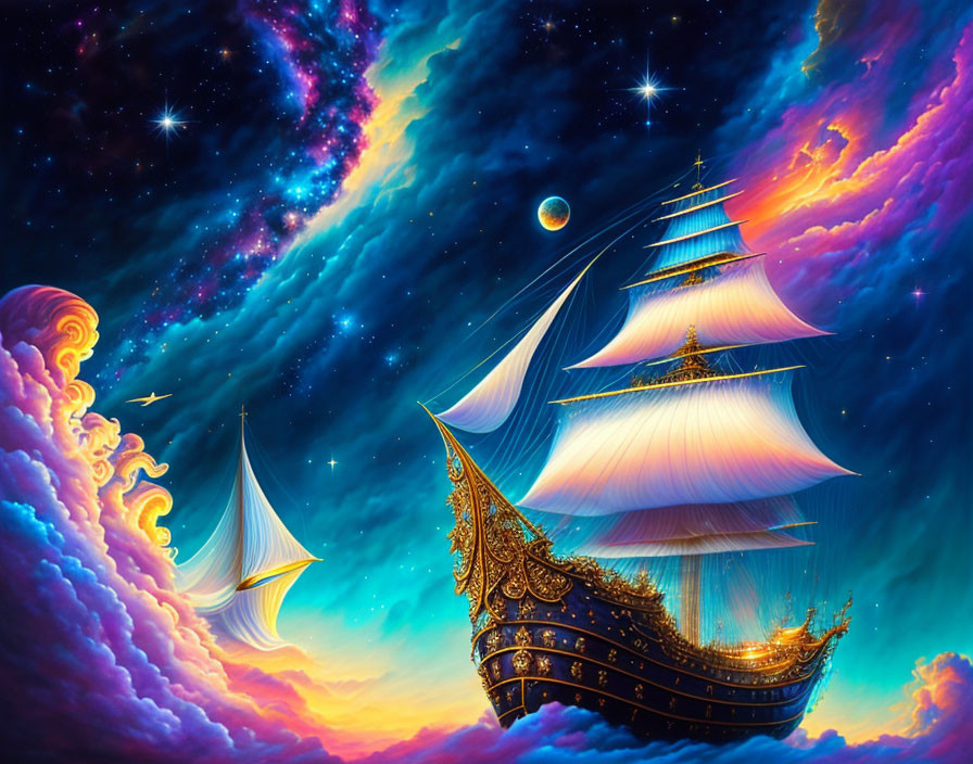 Fantastical image of ornate sailing ships in vibrant sky.