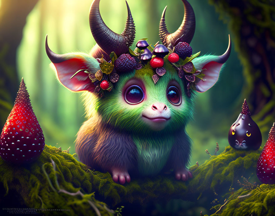 Fantasy creature with green eyes, curved horns, and fluffy fur among plants and flowers