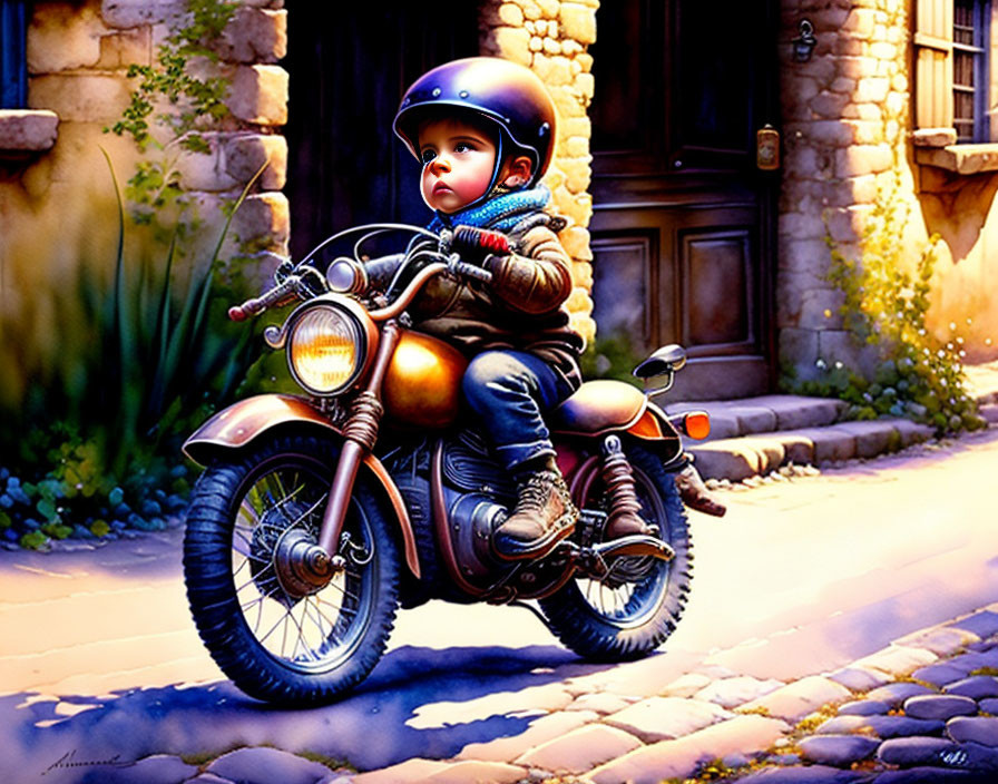 Child in helmet on classic motorcycle in sunny cobblestone alley