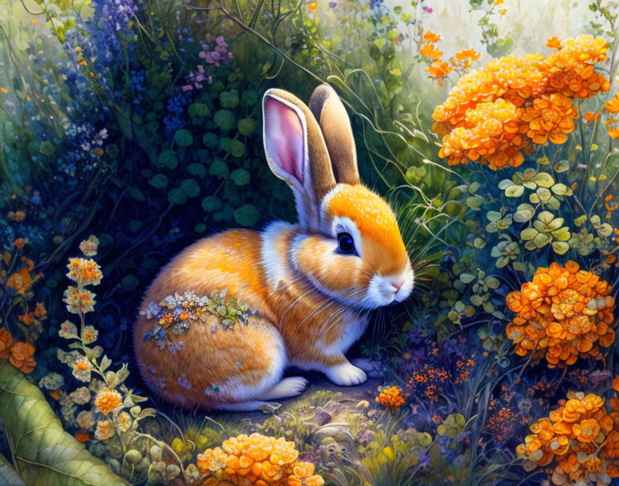 Colorful painting of orange and white rabbit in lush greenery and orange flowers.