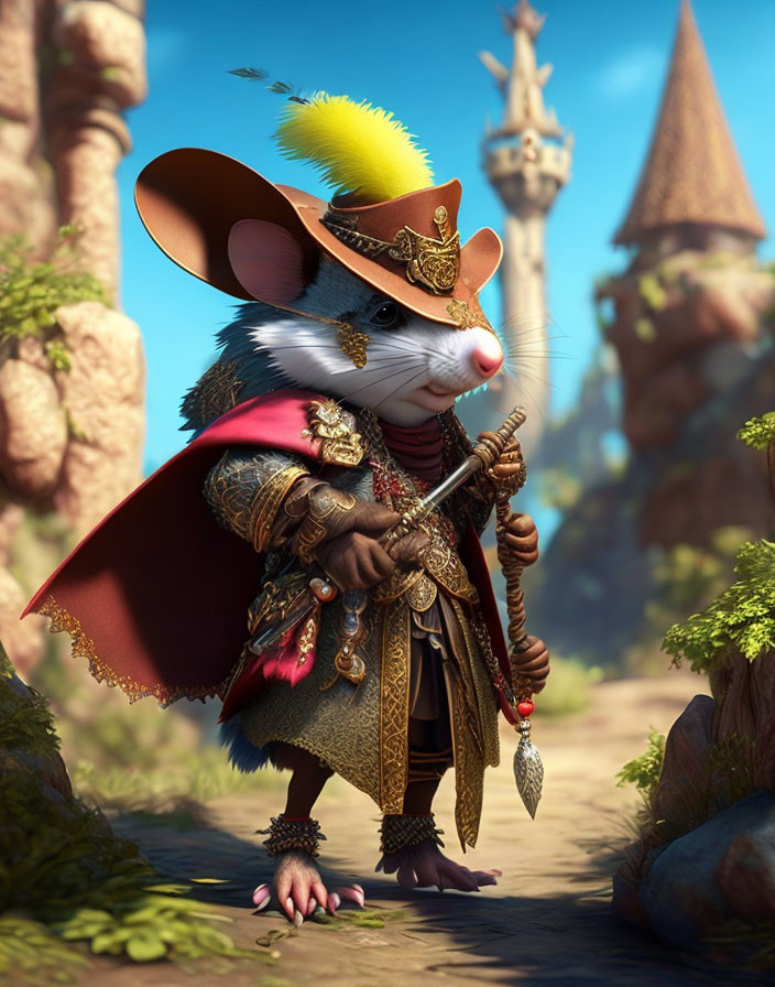 Anthropomorphic Mouse in Renaissance Noble Attire with Rapier in Forest