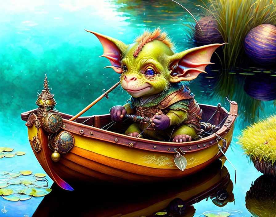 Vibrant whimsical illustration of a green bat-eared creature rowing a boat