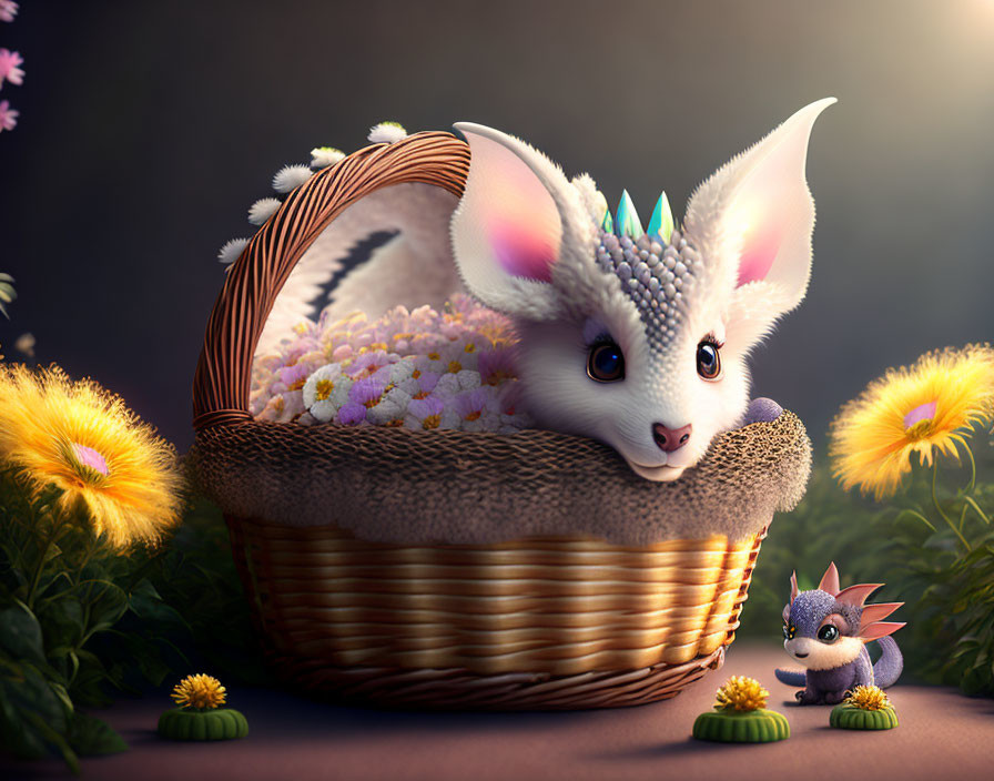 Fluffy white cat-like creature with horns in basket with flowers