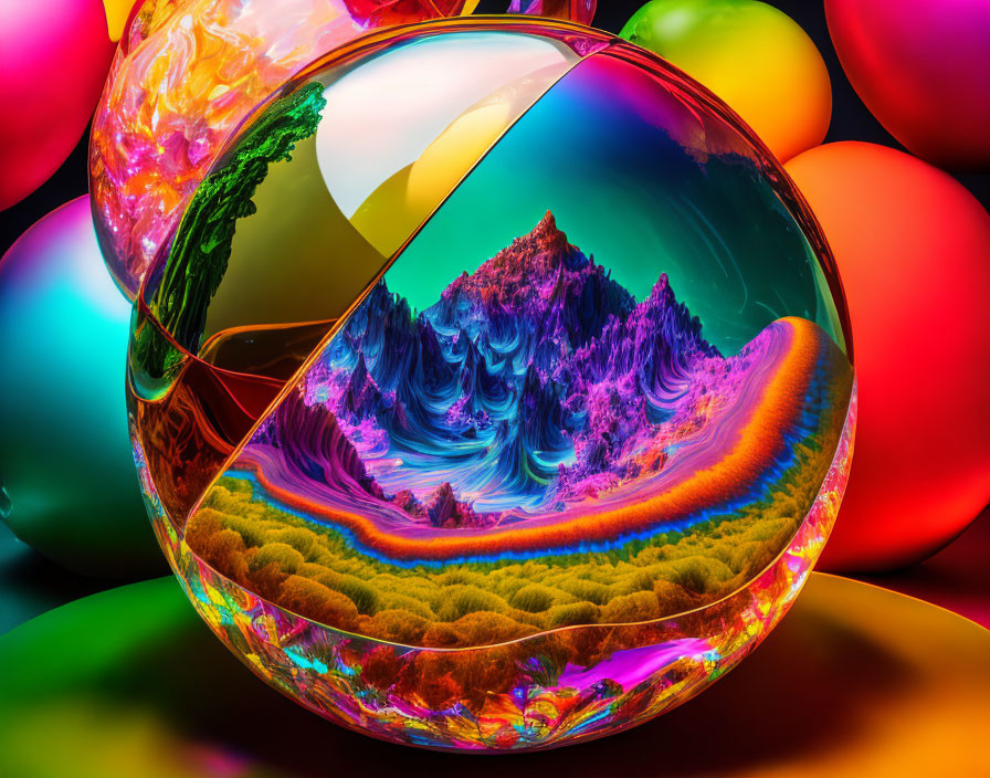 Colorful Fractal Landscape with Crystal Ball and Glossy Spheres