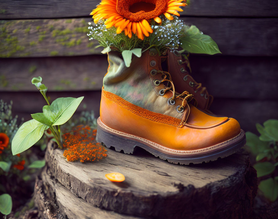 Orange Boot Vase with Sunflowers on Tree Stump