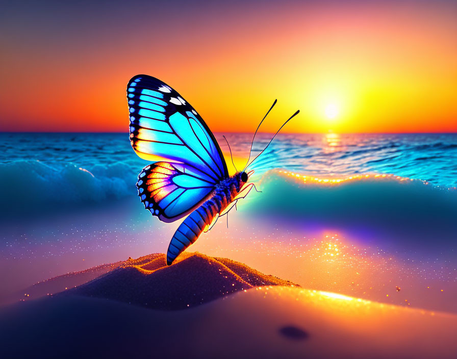 Vibrant Blue Butterfly on Sandy Beach with Sunset Waves