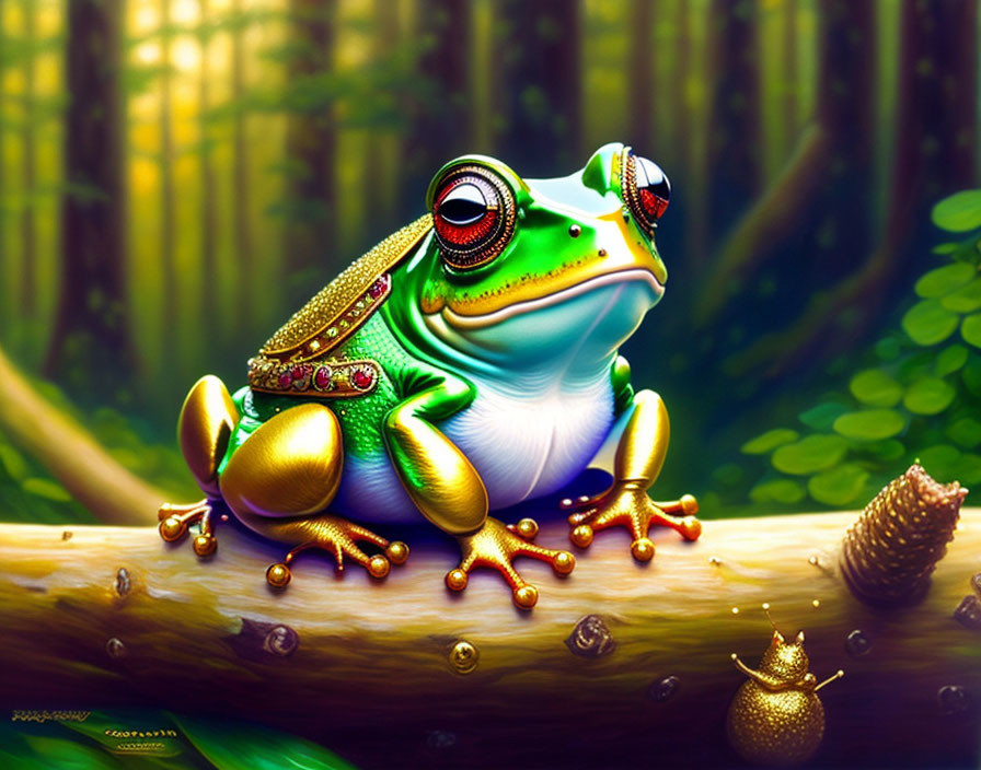 Regal frog with crown and jewelry in lush forest setting