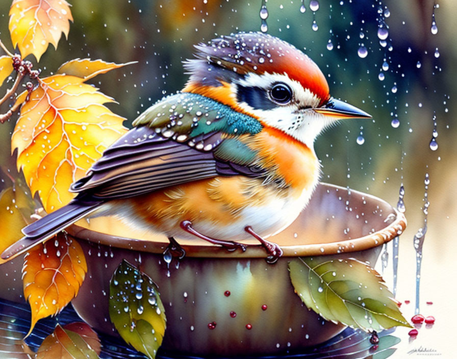 Vibrant bird perched in bowl with raindrops and autumn leaves