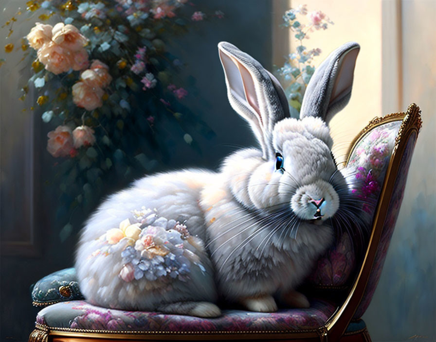 Realistic illustration of fluffy grey rabbit on vintage chair with flowers