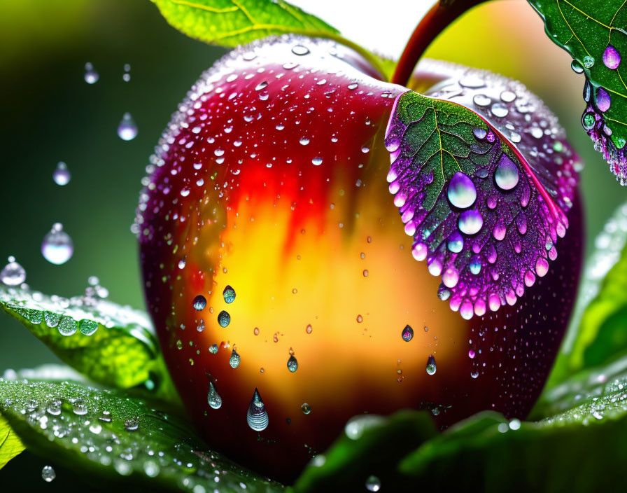 Fresh Red Apple with Water Droplets and Green Leaves in Light