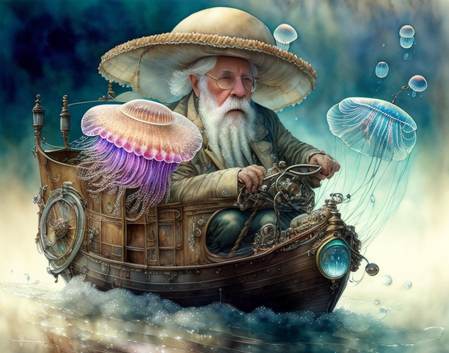 Elderly man in white beard pilots wooden boat with jellyfish in dreamy blue setting