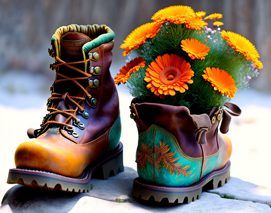 Colorful Leather Boots with Floral Patterns on Snowy Background