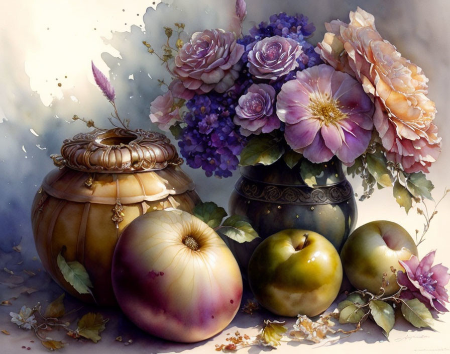 Vibrant still life painting with fruits and flowers in ornate vessels