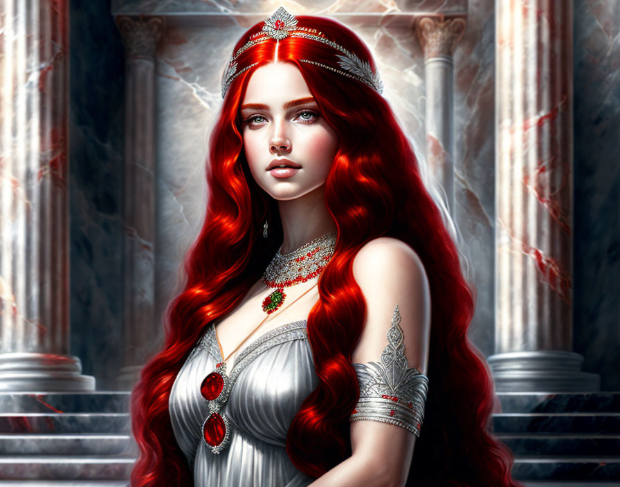 Digital Artwork: Woman with Red Hair in Regal Attire and Jewelry on Marble Columns