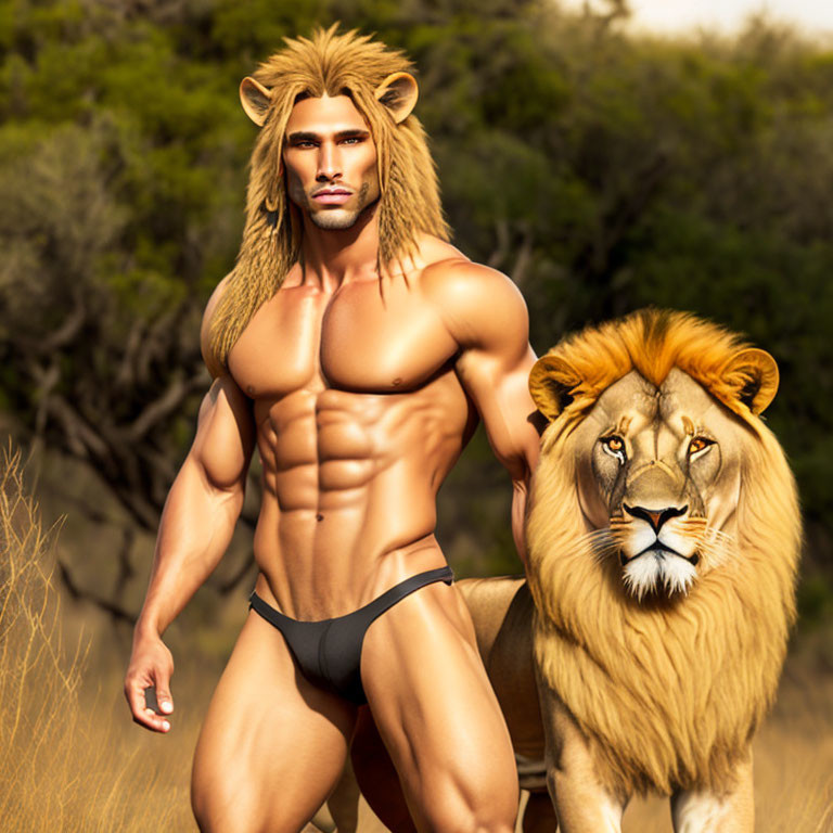 Muscular man with lion's head in savanna setting