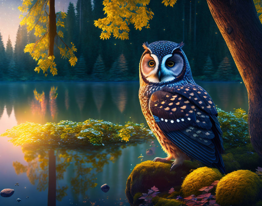 Illustrated owl on mossy rock by serene lake in twilight forest.