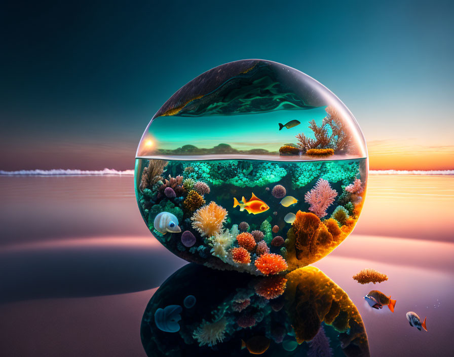 Colorful underwater ecosystem in transparent sphere against sunset horizon