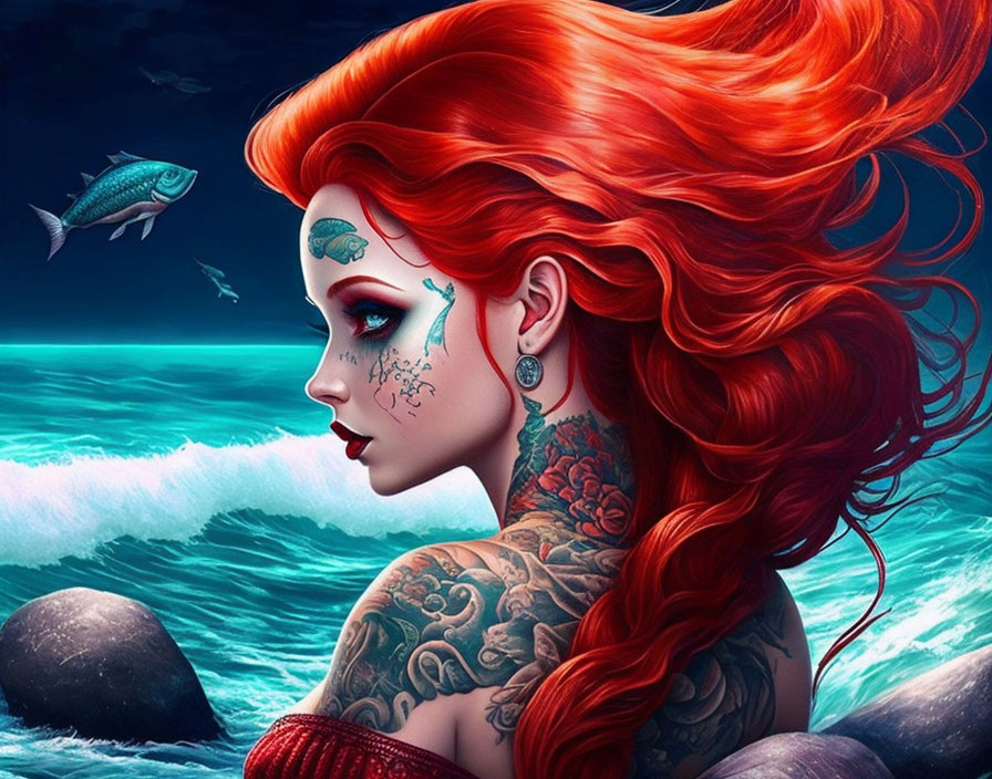 Digital Artwork: Woman with Red Hair & Tattoos by Moonlit Ocean