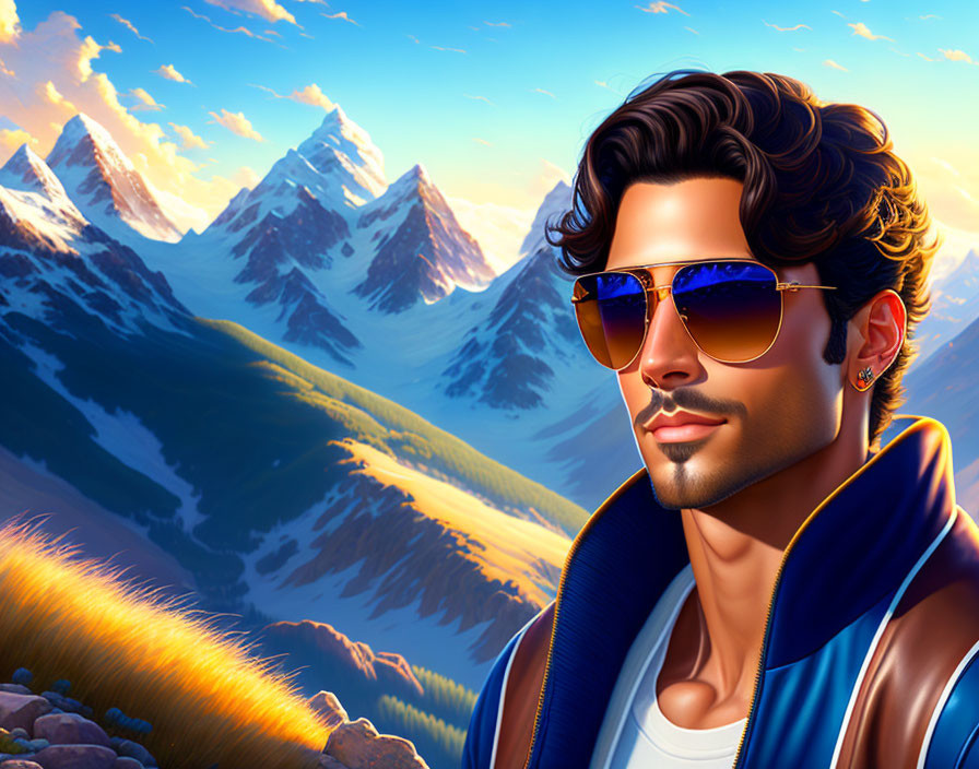 Curly-Haired Man in Sunglasses and Jacket with Mountain Background