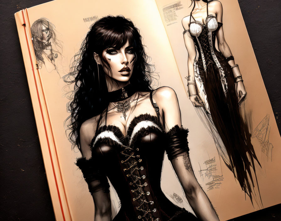 Gothic Outfit Woman and Character Design Sketches in Artbook Page