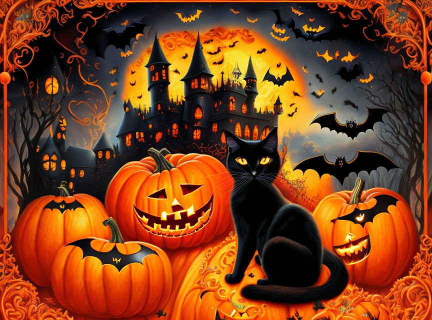 Whimsical Halloween-themed illustration with black cat, pumpkins, bats, moon & haunted castle