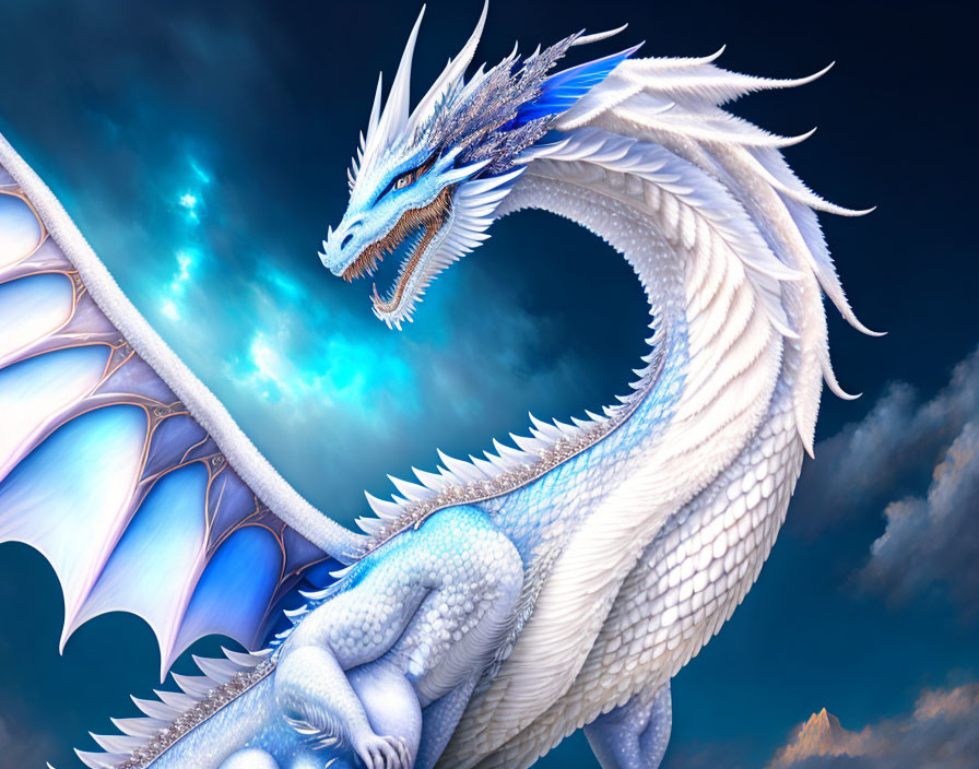 White and Blue Dragon with Intricate Scales and Horns Against Cloudy Sky