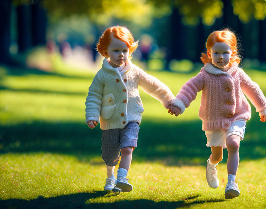 Red-haired children walking hand in hand in sunny park with tree shadows