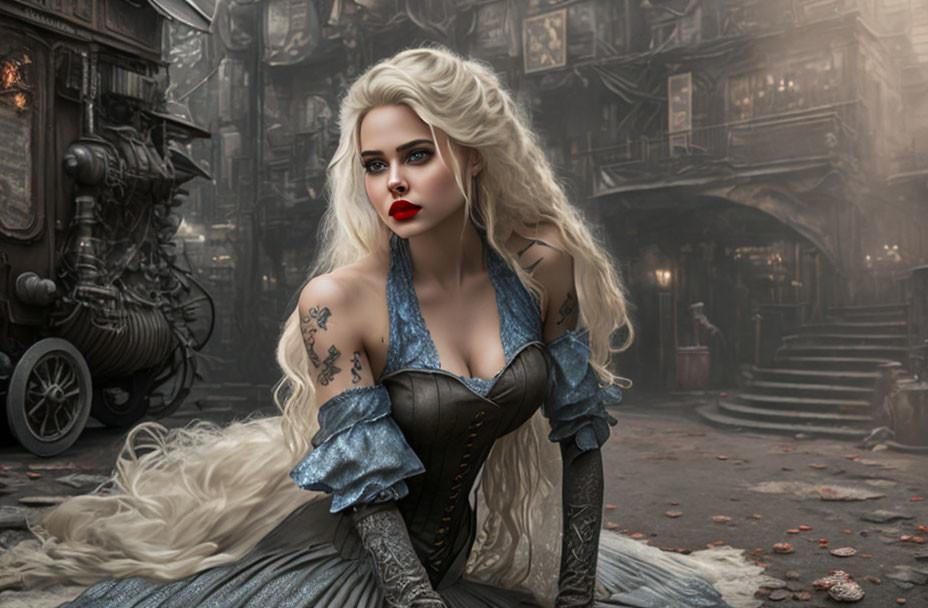 White-Haired Woman with Tattoos and Red Lipstick in Vintage Gothic Street Setting