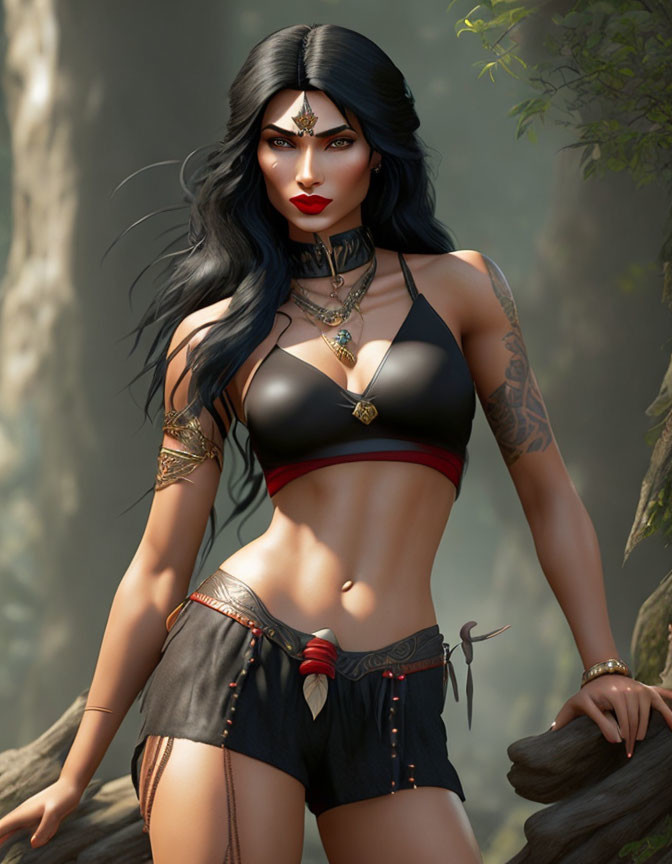 Digital artwork of female warrior in black & red fantasy outfit standing in forest