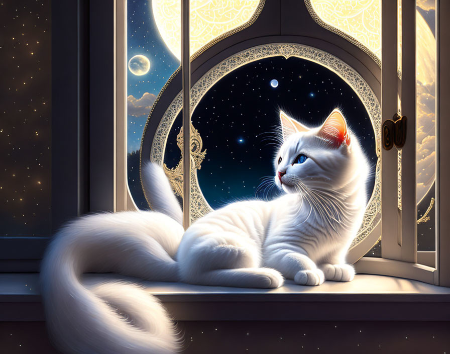 Fluffy white cat by open window under starry night sky