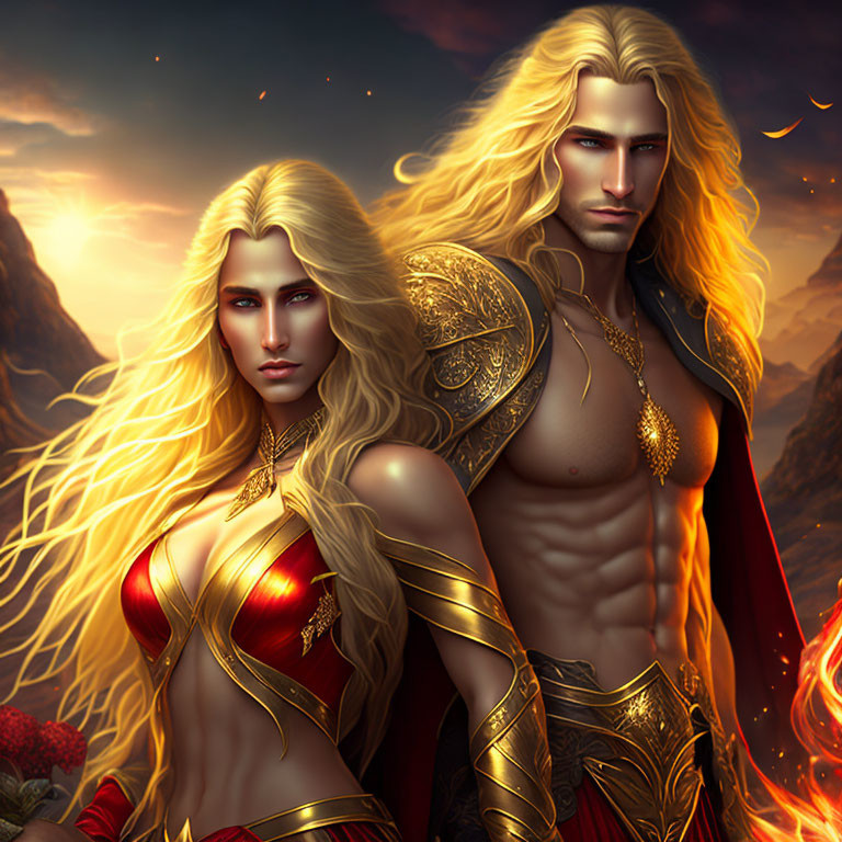 Muscular figures in red and gold armor against fiery backdrop