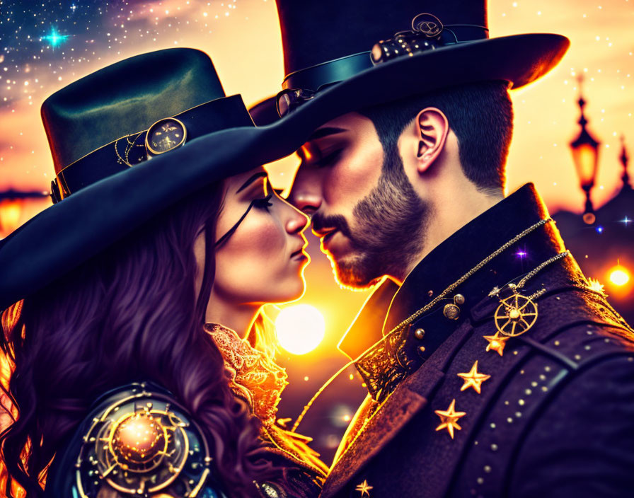 Steampunk couple in romantic embrace with magical cityscape backdrop