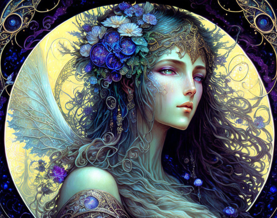 Ethereal female with floral headwear, delicate wings, celestial halo, and ornate patterns