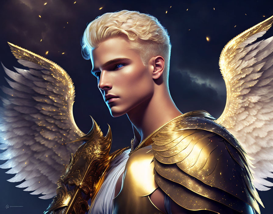 Golden-armored angel with large white wings in starry night sky