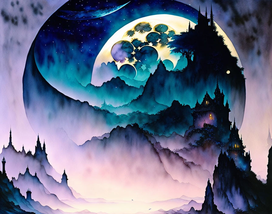 Fantasy landscape with castle on misty mountaintop beneath crescent moon and full moons in star