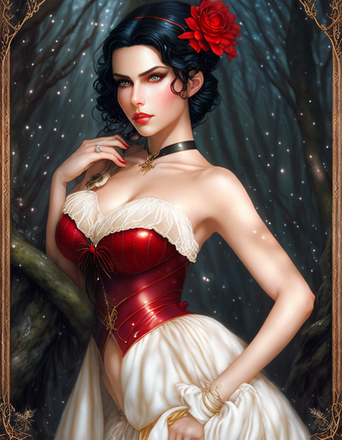 Digital artwork featuring pale-skinned woman with dark hair in corseted dress, adorned with red flower