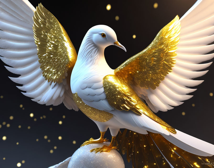 Digitally-rendered white and gold pigeon on sphere in starry background