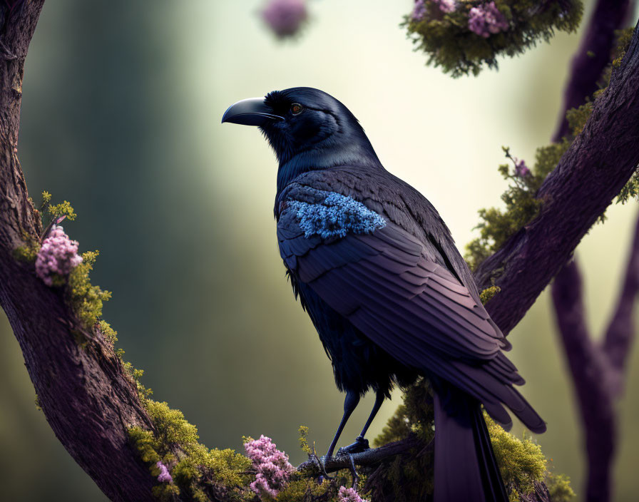 Black Raven with Blue Wings on Mossy Branch Among Purple Flowers