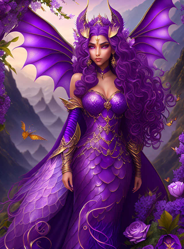 Regal fantasy character with purple dragon wings in ornate armor surrounded by butterflies