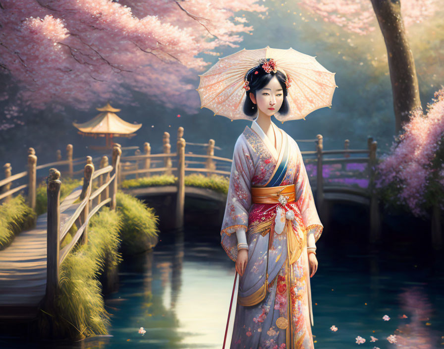 Traditional Japanese woman under cherry blossoms with parasol by pond & bridge