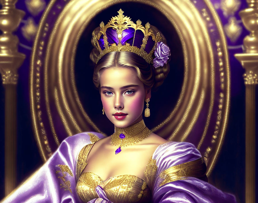 Regal Woman in Purple Gown and Golden Crown in Ornate Frame