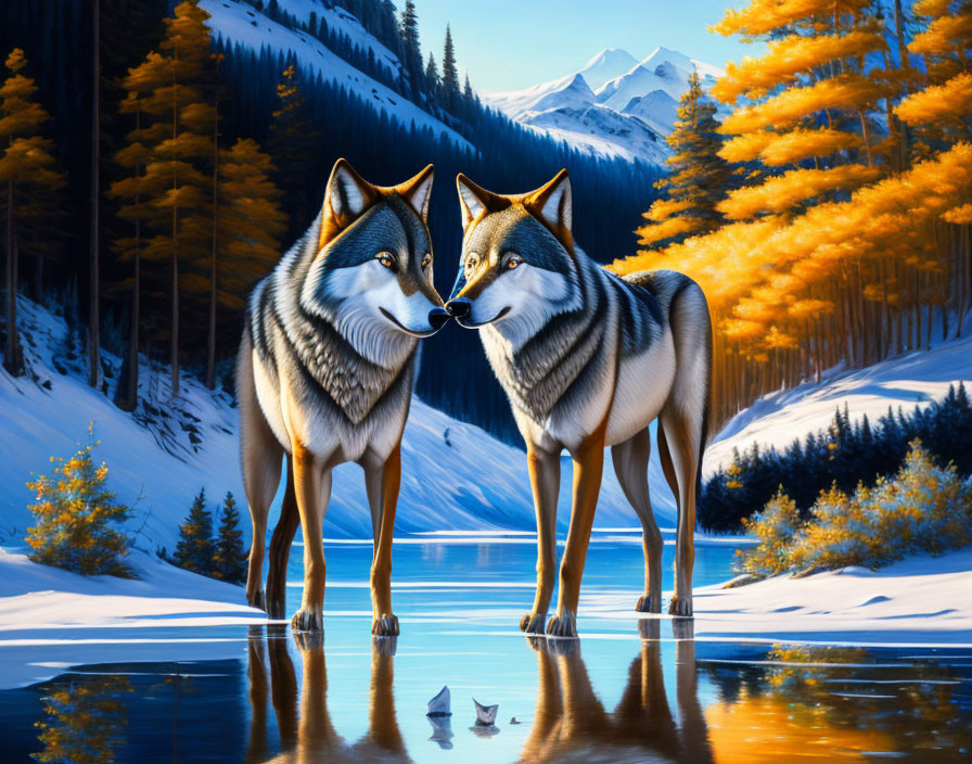 Autumn landscape with two wolves by a calm river