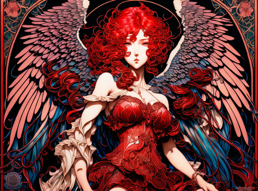 Red-Haired Angel with Blue Wings in Art Nouveau Setting