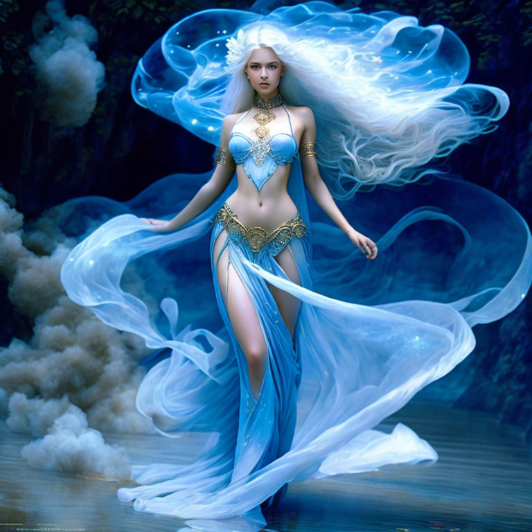 Fantasy Artwork of Pale Woman in Blue and Gold Attire