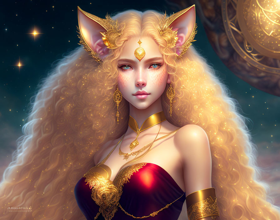 Fantasy woman with cat ears, golden jewelry, third eye mark, cosmic background