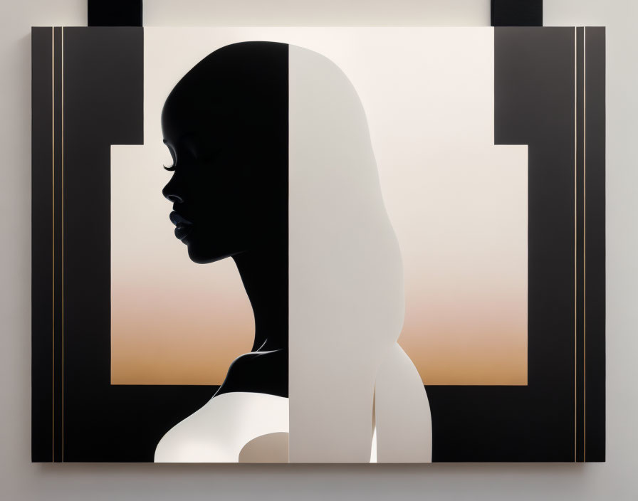 Silhouetted woman profile on gradient backdrop with geometric patterns