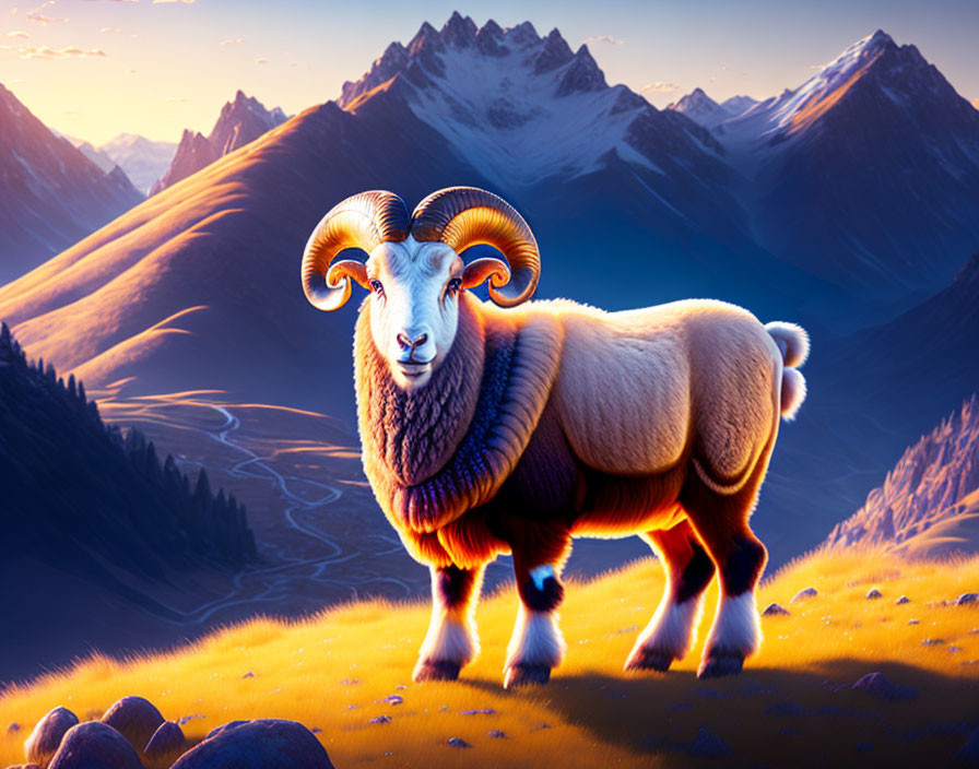 Majestic ram on vibrant grassy hill with mountains and sunlight